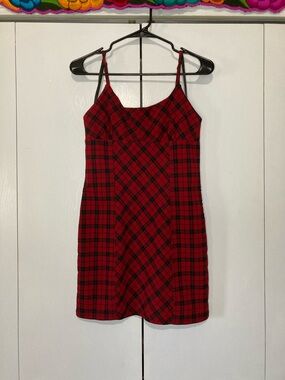 wild fable Medium Size Red Plaid Spaghetti-Strap Y2K Grunge Mini Dress Zip-up